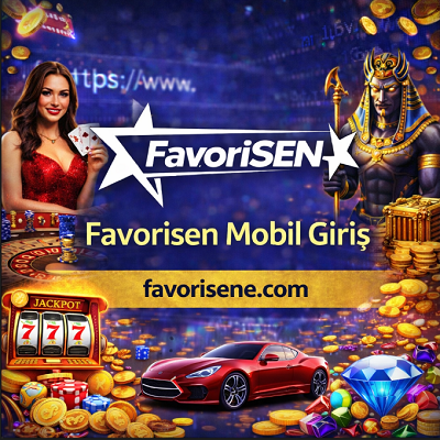 Favorisen mobil giriş bannerı, canlı casino krupiyesi ve casino temalı görseller içeren tanıtım görseli